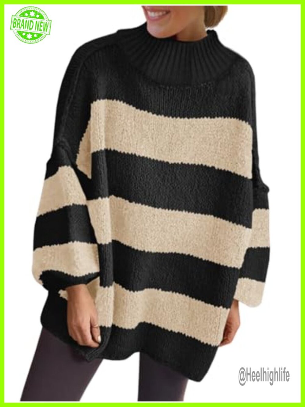 Oversized Striped Chunky Knit Sweater Mock Neck Lantern Sleeve Pullover